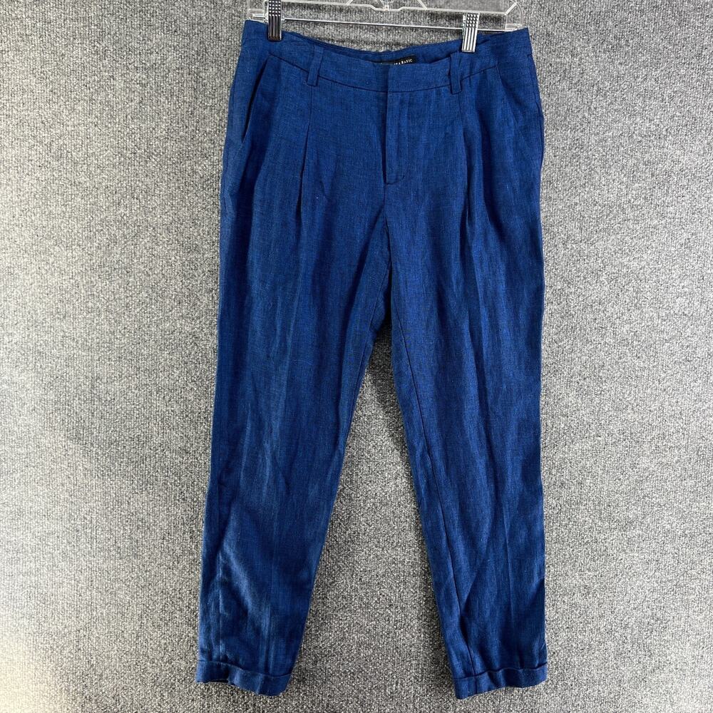 Zara Pants Womens 4 Blue Linen Blend Tapered‎ Cropped Trousers Cuffed Comfort